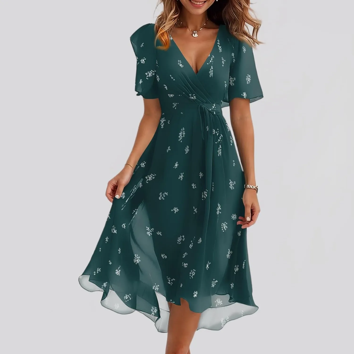 Dresses for Women,Chiffon Sexy Midi Dresses Short Sleeve Flowy Wrap Wedding Guest Womens Summer Dress Cocktail Prom