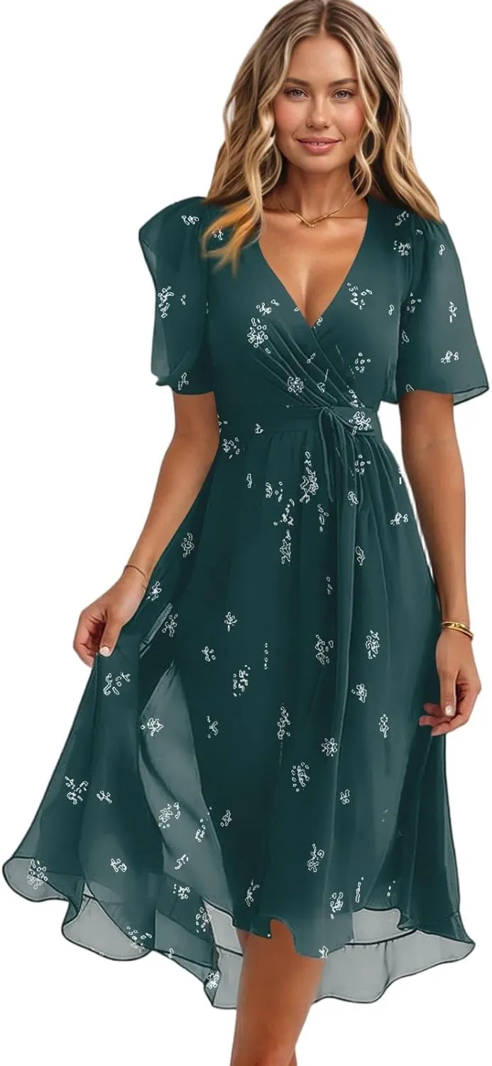 Dresses for Women,Chiffon Sexy Midi Dresses Short Sleeve Flowy Wrap Wedding Guest Womens Summer Dress Cocktail Prom