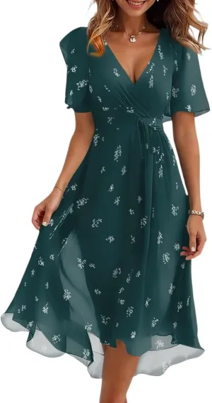 Dresses for Women,Chiffon Sexy Midi Dresses Short Sleeve Flowy Wrap Wedding Guest Womens Summer Dress Cocktail Prom