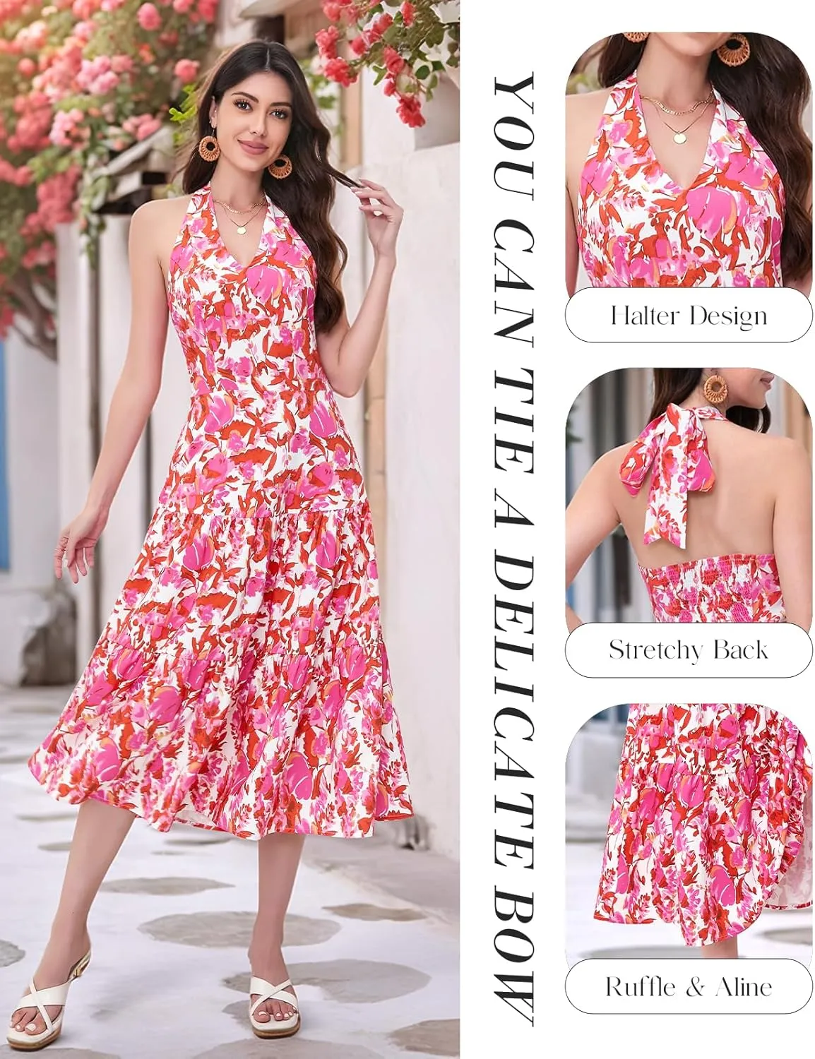 DRESSTELLS Women's Summer Floral Dresses Maxi Boho Casual Halter Neck Spring Vintage Flowy Beach Long Sundress