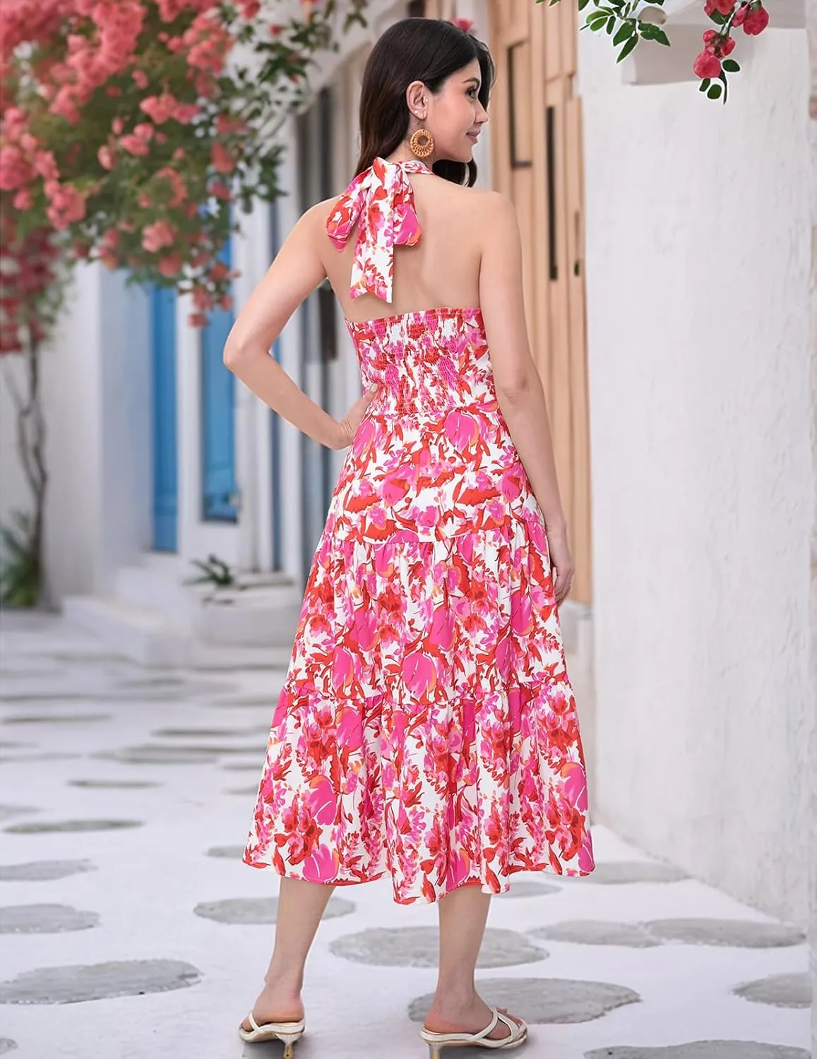 DRESSTELLS Women's Summer Floral Dresses Maxi Boho Casual Halter Neck Spring Vintage Flowy Beach Long Sundress