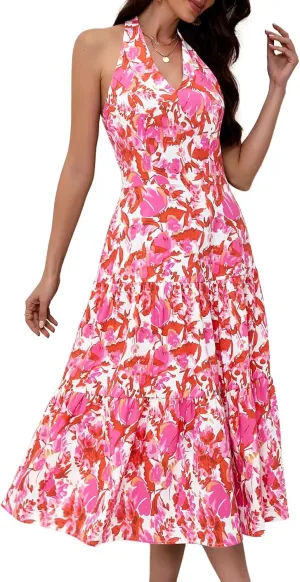 DRESSTELLS Women's Summer Floral Dresses Maxi Boho Casual Halter Neck Spring Vintage Flowy Beach Long Sundress
