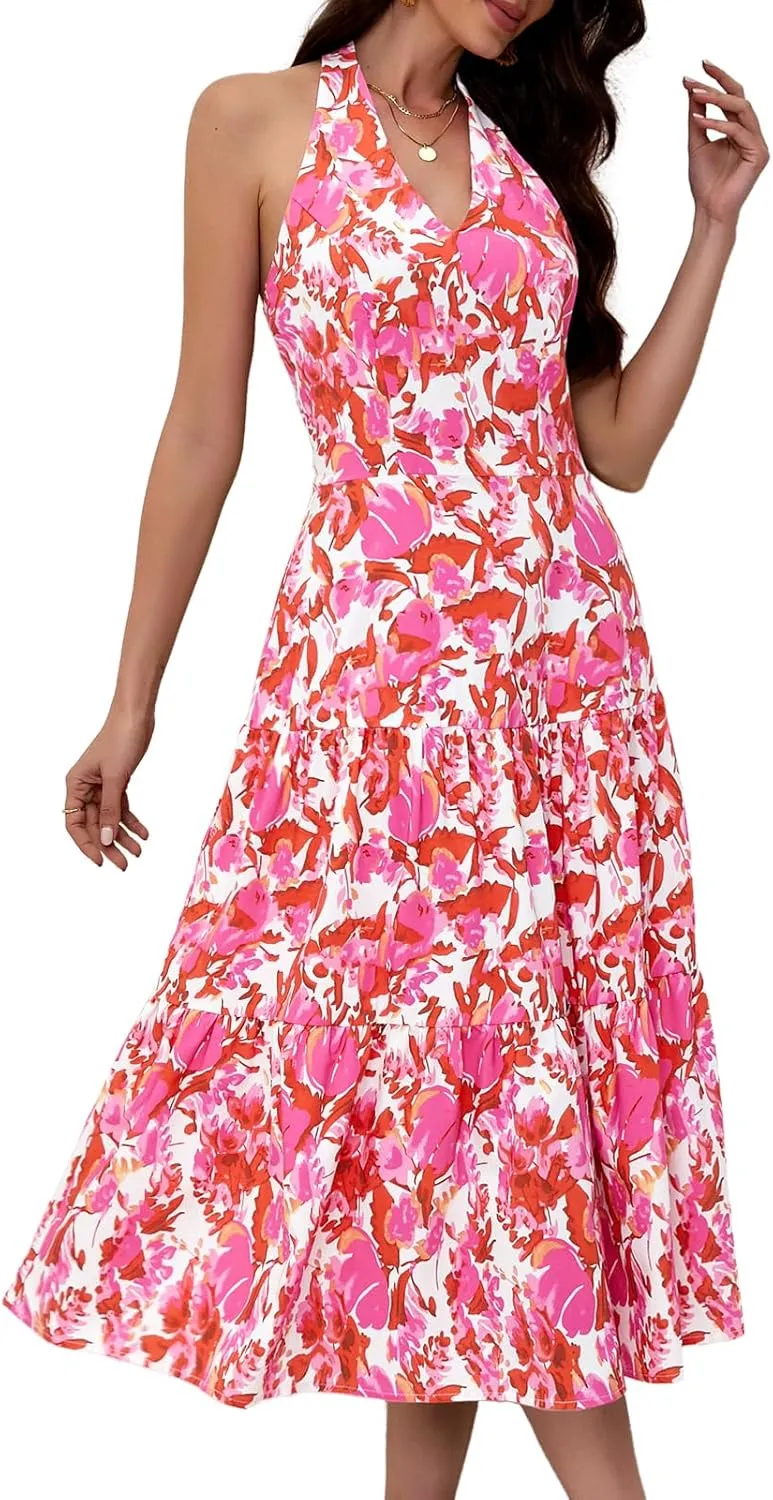 DRESSTELLS Women's Summer Floral Dresses Maxi Boho Casual Halter Neck Spring Vintage Flowy Beach Long Sundress