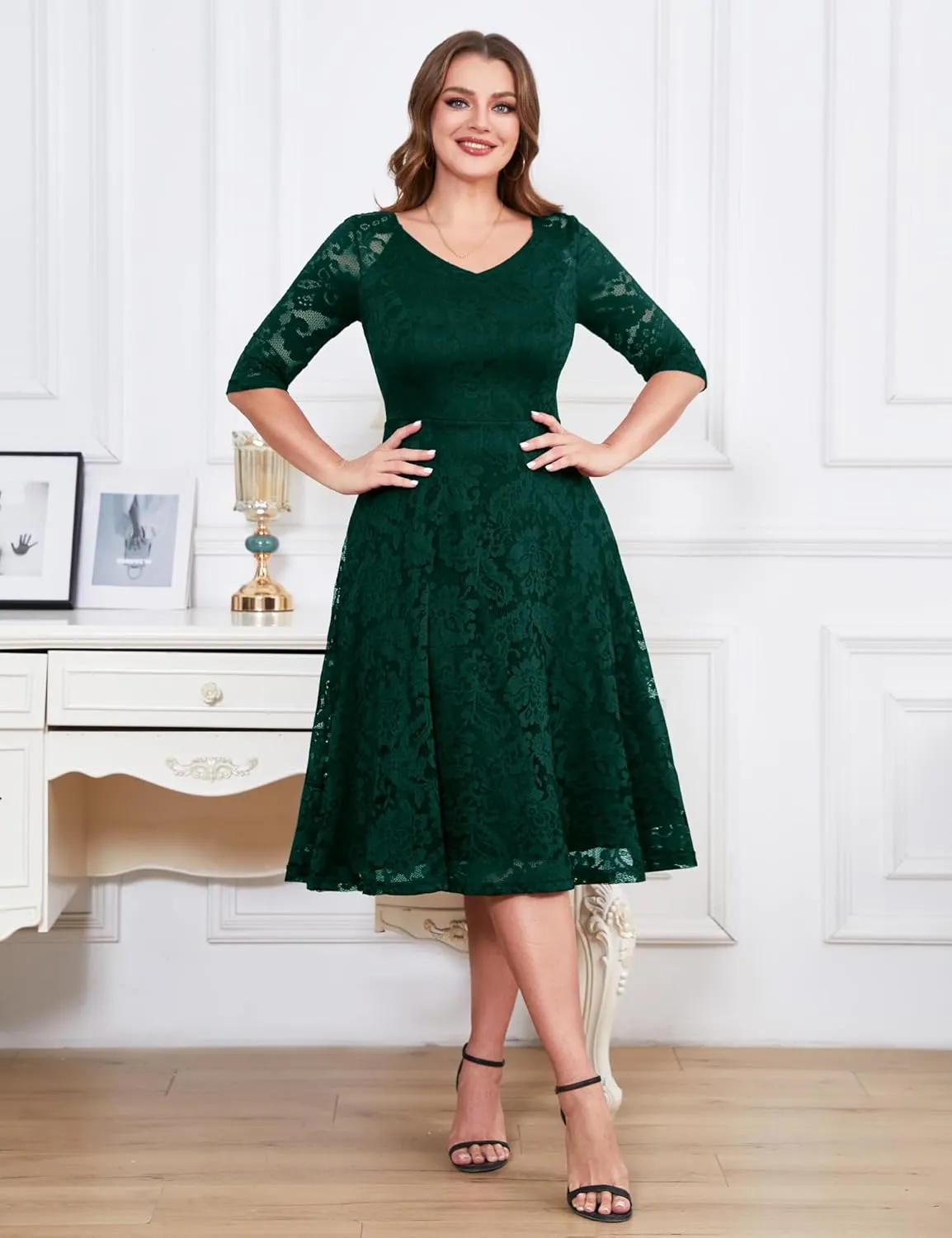 Dressystar Womens Long-Sleeve Wedding Guest Dress A-Line Lace Formal Party Cocktail Midi Dress Prom Gown