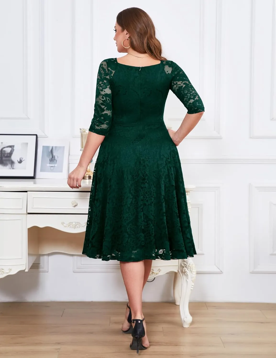 Dressystar Womens Long-Sleeve Wedding Guest Dress A-Line Lace Formal Party Cocktail Midi Dress Prom Gown