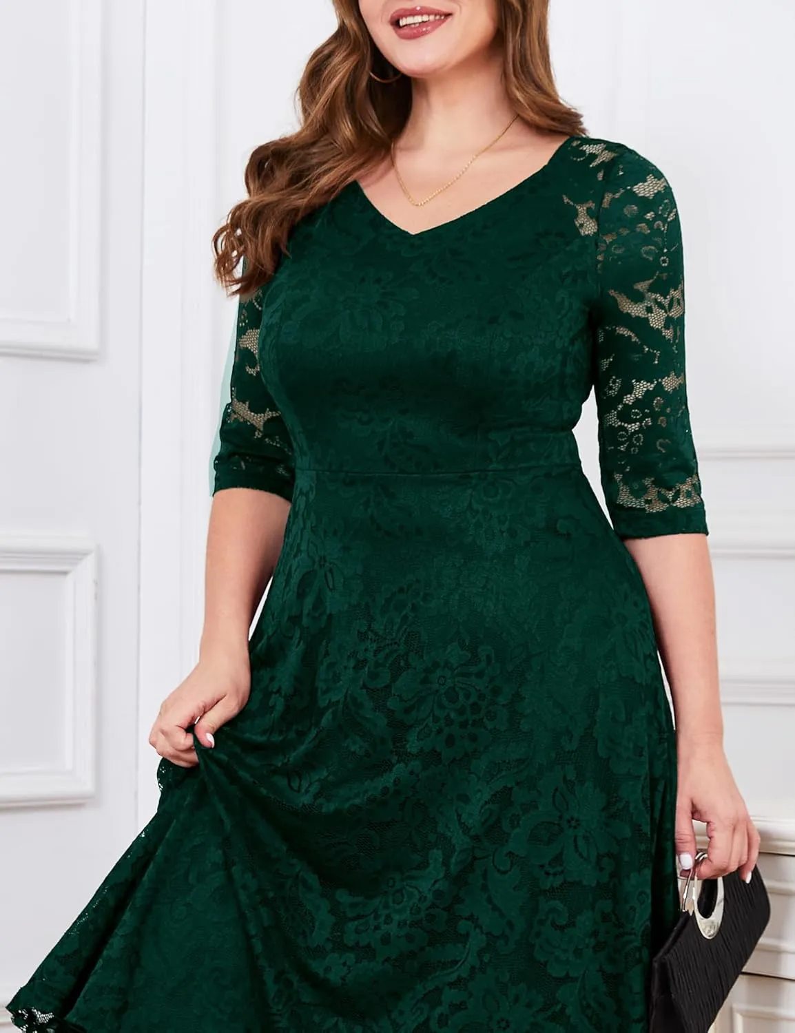 Dressystar Womens Long-Sleeve Wedding Guest Dress A-Line Lace Formal Party Cocktail Midi Dress Prom Gown