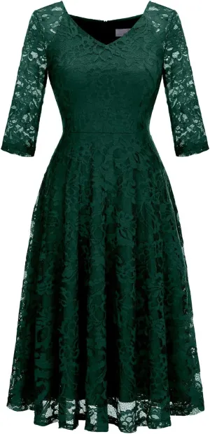 Dressystar Womens Long-Sleeve Wedding Guest Dress A-Line Lace Formal Party Cocktail Midi Dress Prom Gown