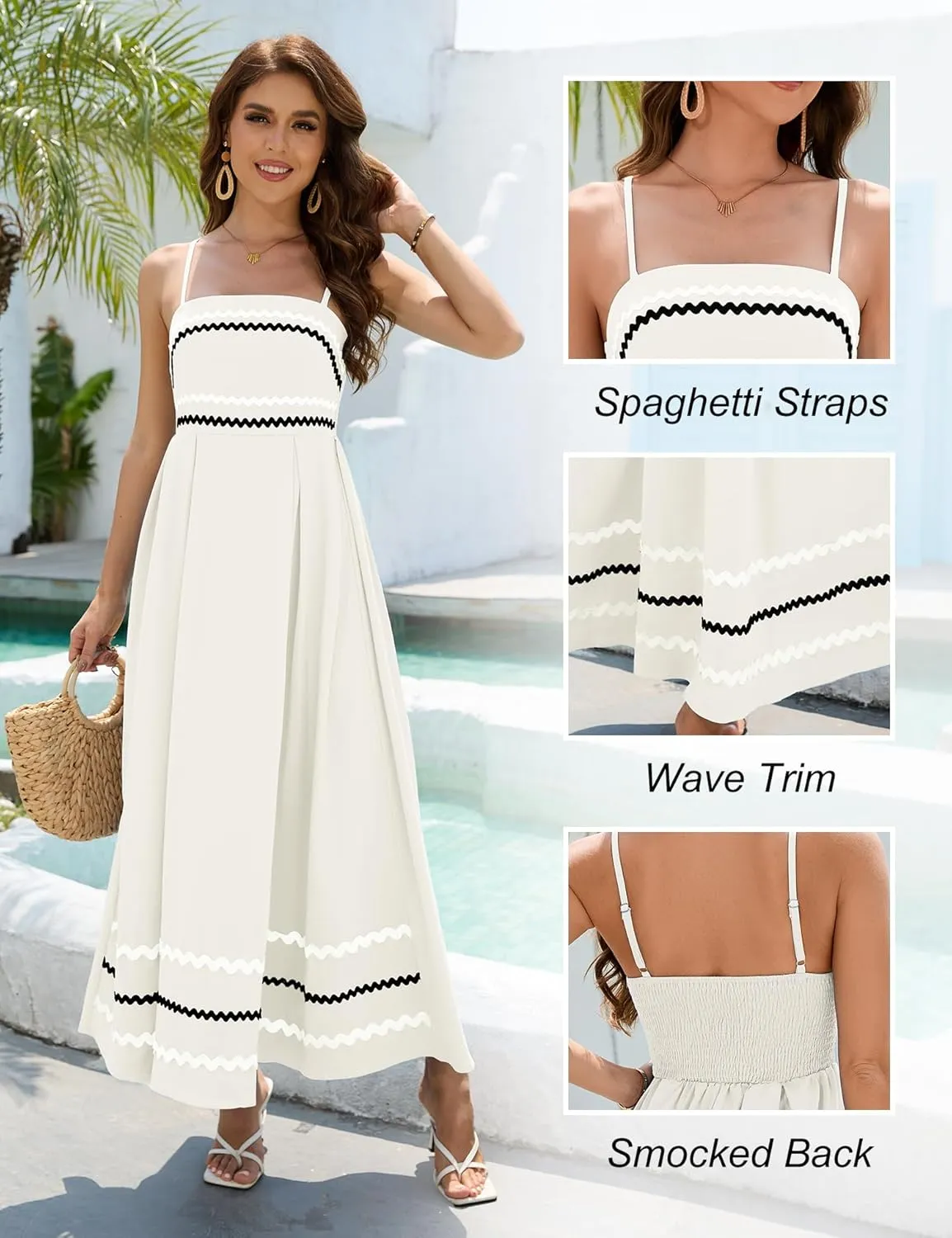 Dressystar Women's Summer Spaghetti Straps Maxi Dress Casual Smocked Sundress Flowy Beach Wedding Dresses