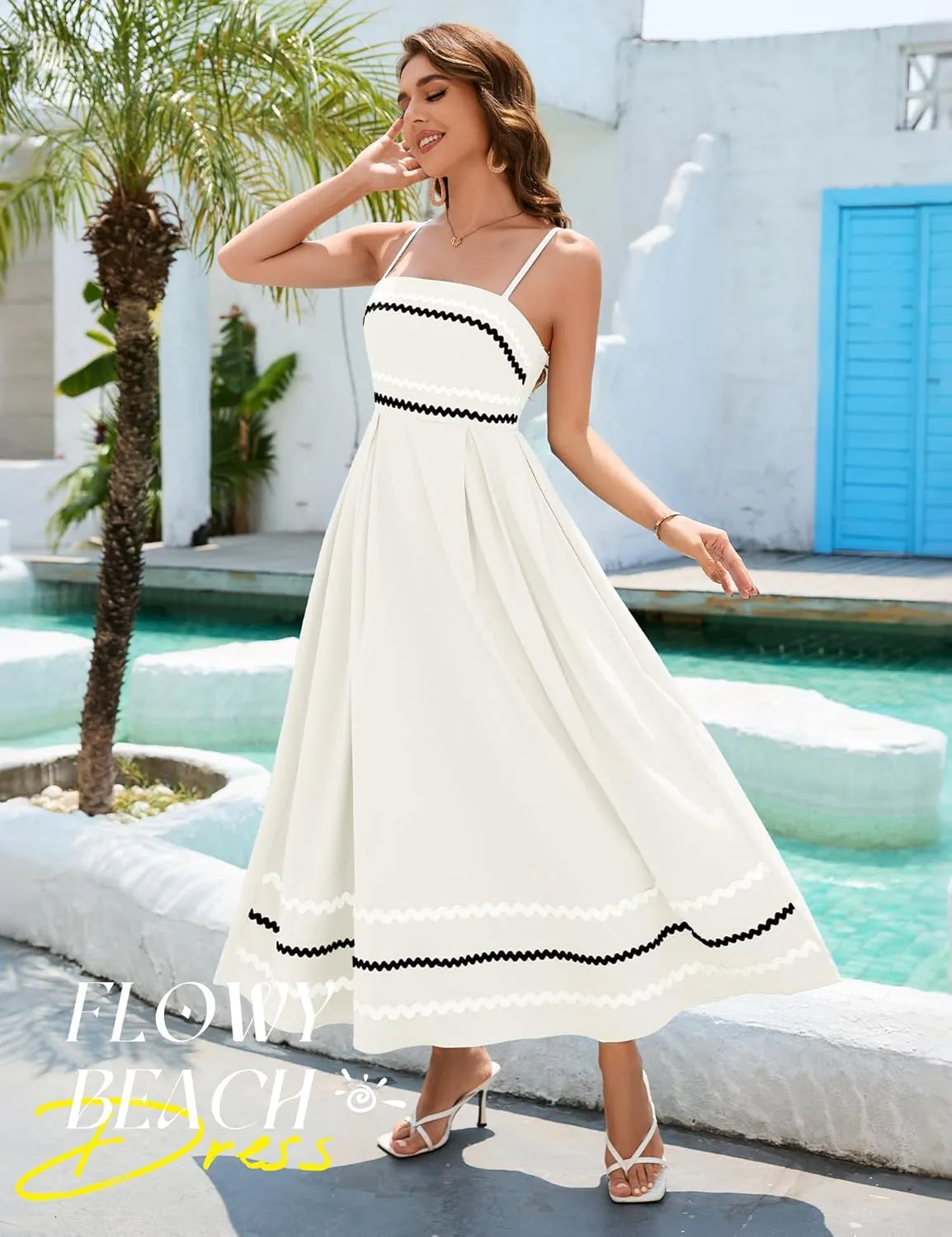 Dressystar Women's Summer Spaghetti Straps Maxi Dress Casual Smocked Sundress Flowy Beach Wedding Dresses