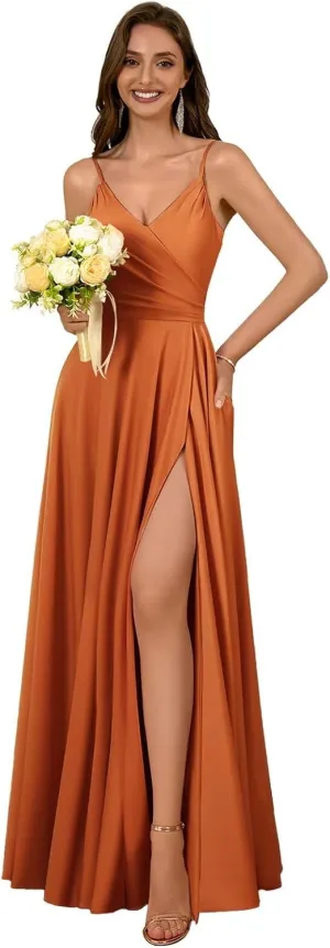 Dymaisei Satin Bridesmaid Dresses Spaghetti Straps V Neck Prom Dresses A Line Formal Party Dress with Slit