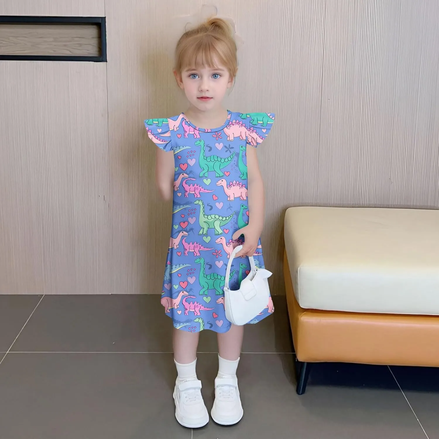 Easter Dresses for Girls Cute Hawaiian Ruffle Sleeve Crewneck Floral Mini Dress Casual Loose Girls Summer Dress