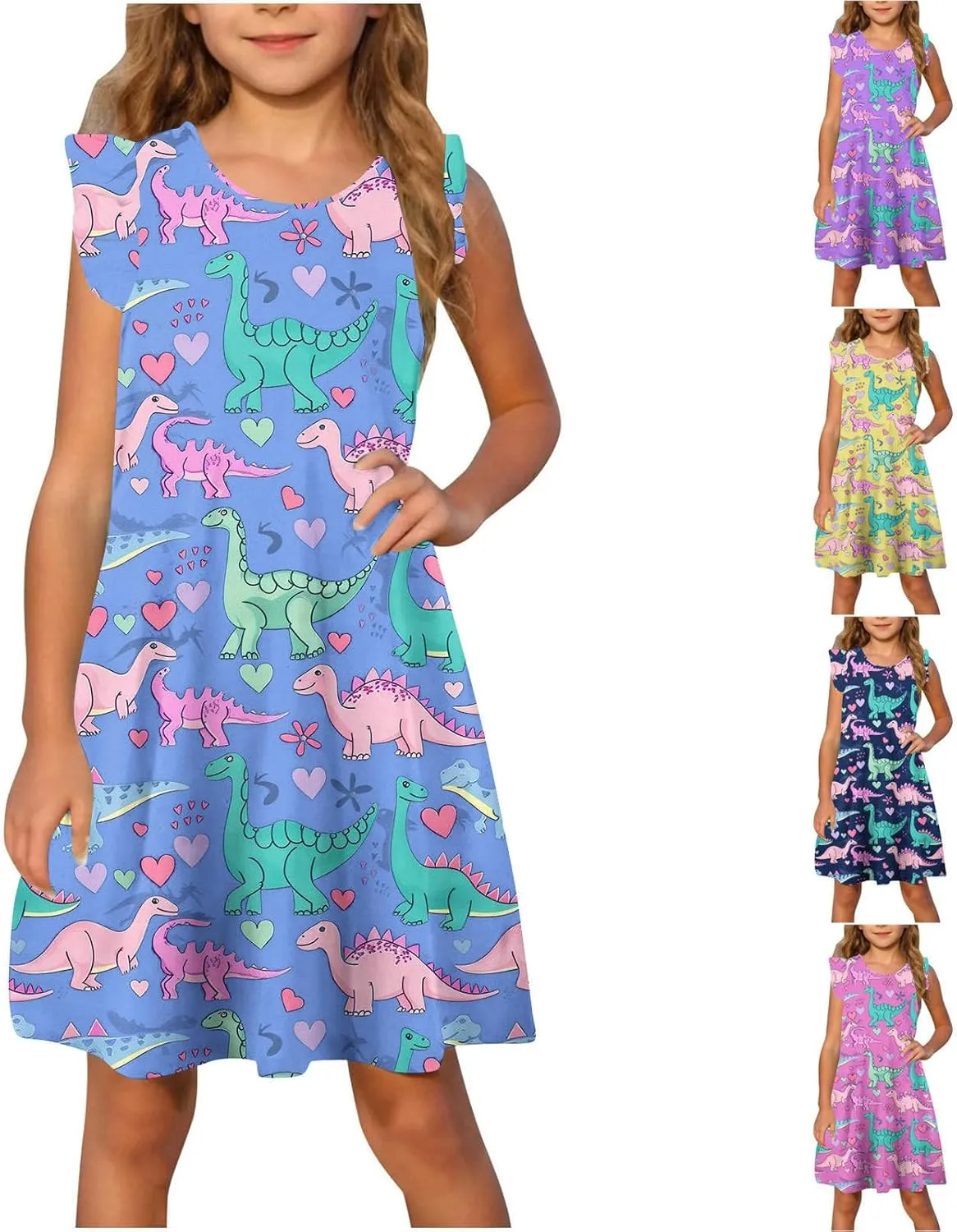Easter Dresses for Girls Cute Hawaiian Ruffle Sleeve Crewneck Floral Mini Dress Casual Loose Girls Summer Dress