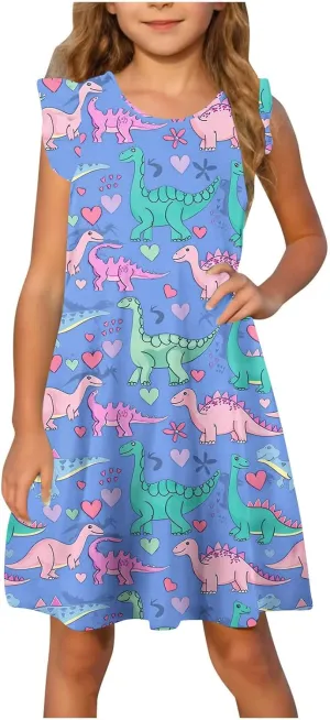 Easter Dresses for Girls Cute Hawaiian Ruffle Sleeve Crewneck Floral Mini Dress Casual Loose Girls Summer Dress
