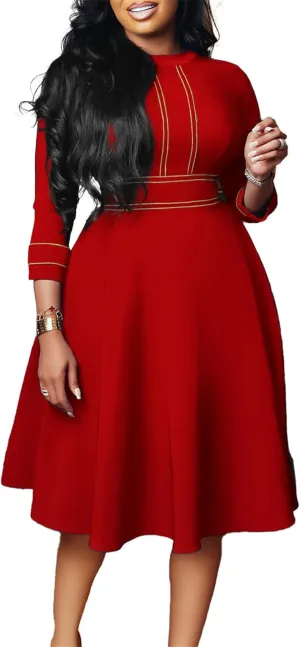 Ecirod Formal Plus Size Midi Dress for Women Fall Mock Neck Long Sleeve Empire Waist A Line Swing Party Dresses