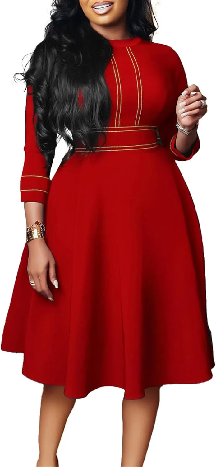 Ecirod Formal Plus Size Midi Dress for Women Fall Mock Neck Long Sleeve Empire Waist A Line Swing Party Dresses