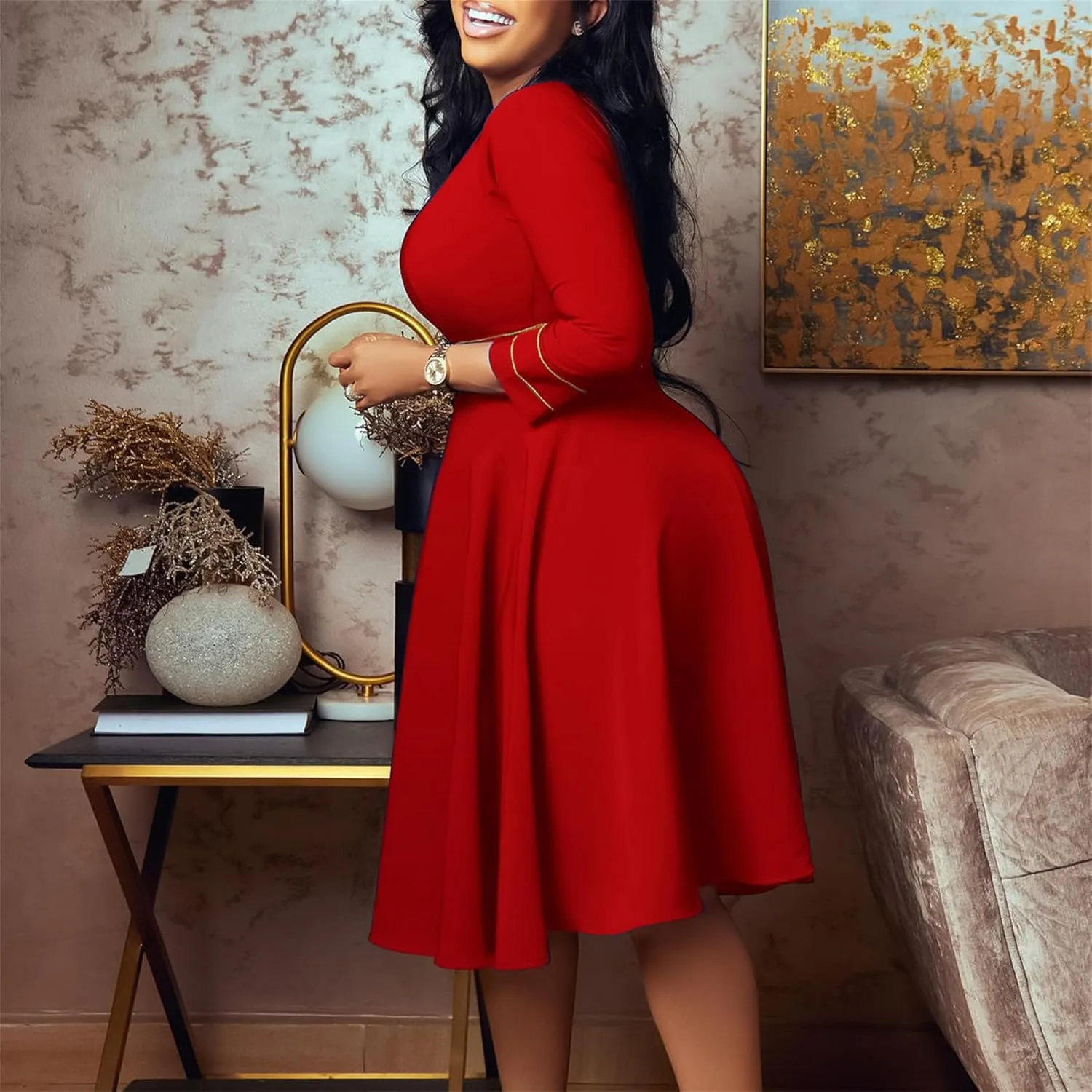Ecirod Formal Plus Size Midi Dress for Women Fall Mock Neck Long Sleeve Empire Waist A Line Swing Party Dresses