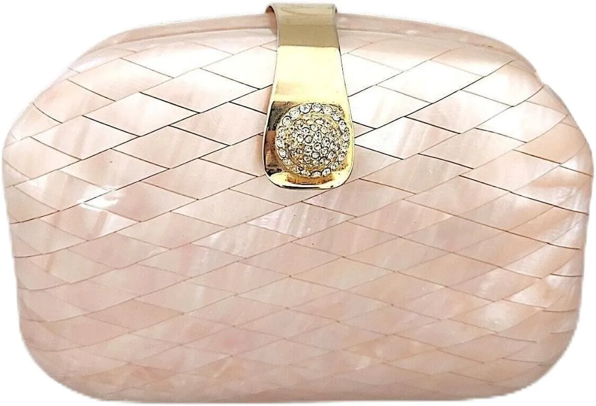 Elegant Evening Clutch Purse, Pink Mother of Pearl Design, Crystal Rhinestone Clasp, Gold Hardware