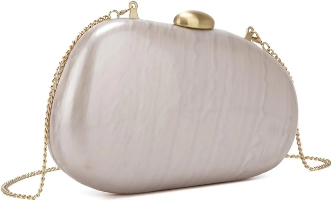 Elegant Pearl White Evening Clutch Purse, Gold Chain Strap, Hard Case Design