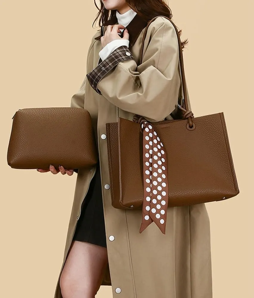Elegant Silk Scarf Tote Bag for Women Large Vegan Leather Shoulder Purse Stylish Handbag Shopping Work Satchels 2pcs