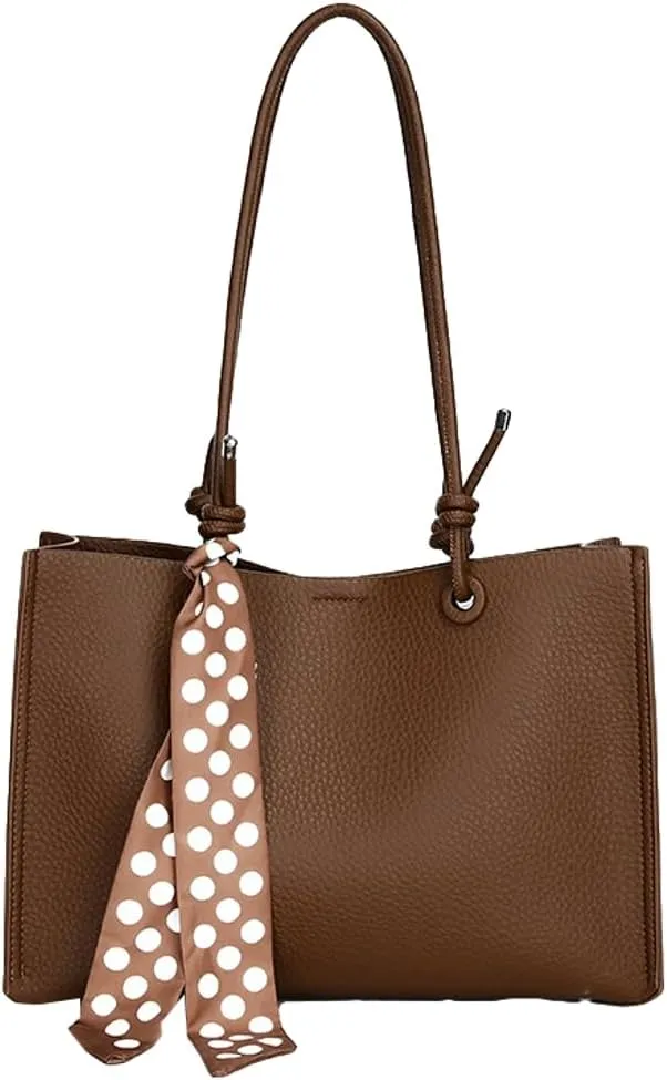 Elegant Silk Scarf Tote Bag for Women Large Vegan Leather Shoulder Purse Stylish Handbag Shopping Work Satchels 2pcs