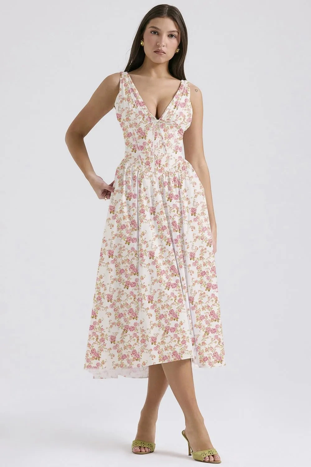 Eternatastic Women's V-Neck Sleeveless Floral Midi Dress for Wedding Party Ladies Beach Sundress with Pockets