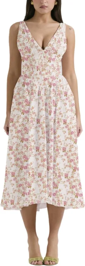 Eternatastic Women's V-Neck Sleeveless Floral Midi Dress for Wedding Party Ladies Beach Sundress with Pockets