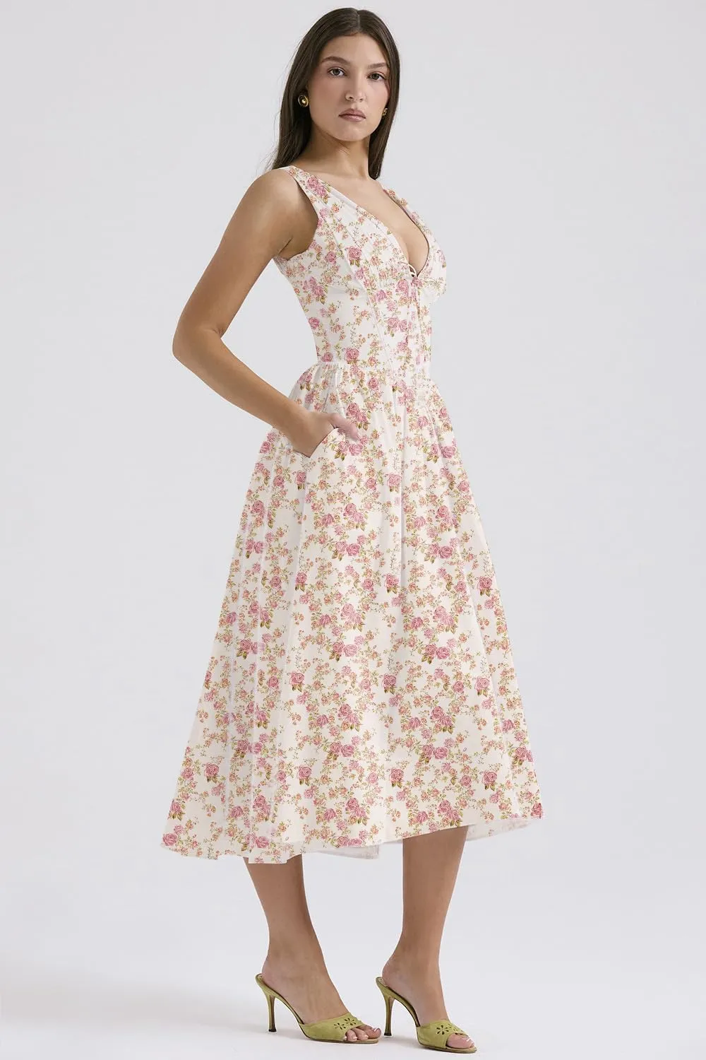 Eternatastic Women's V-Neck Sleeveless Floral Midi Dress for Wedding Party Ladies Beach Sundress with Pockets