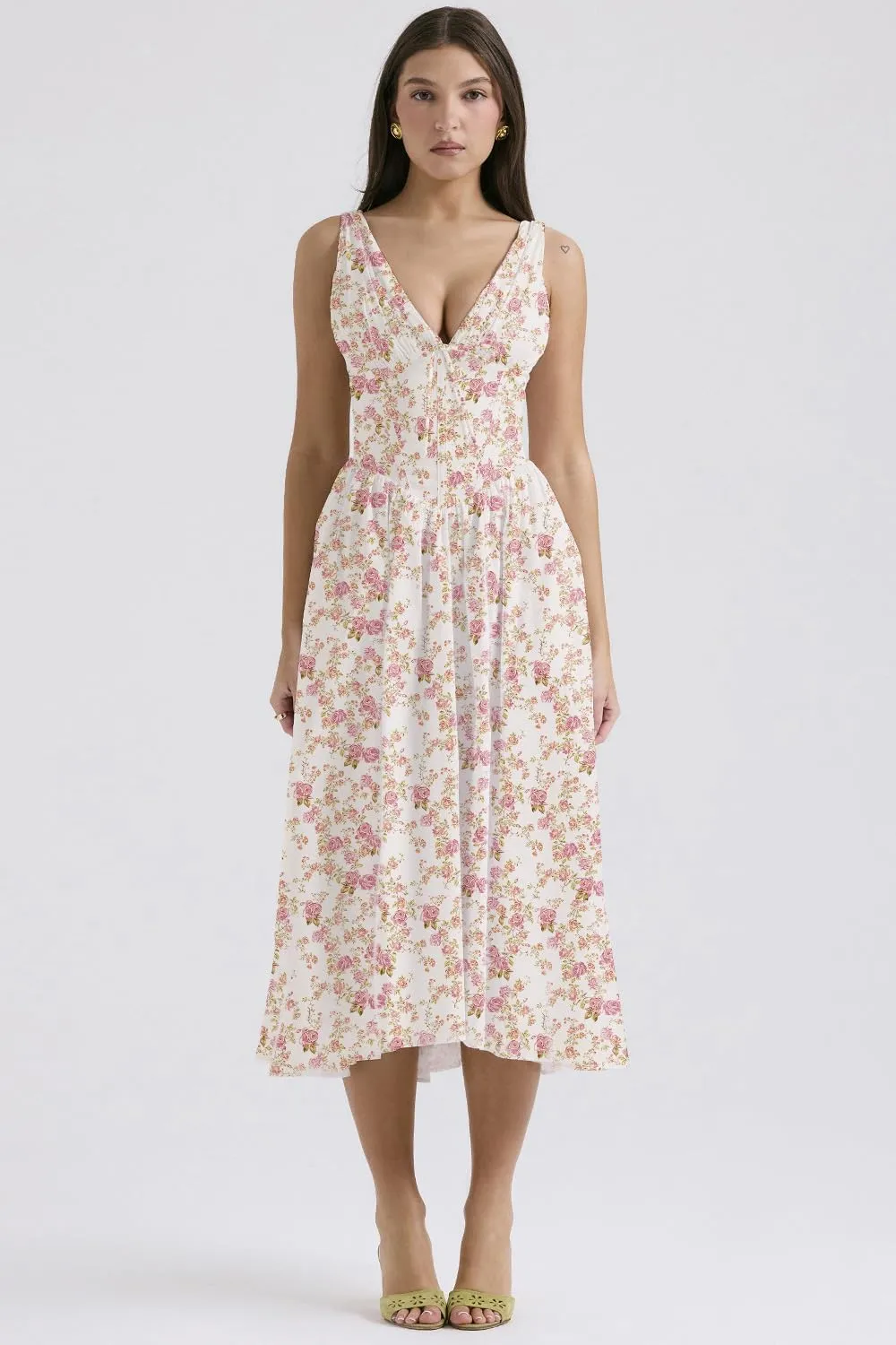 Eternatastic Women's V-Neck Sleeveless Floral Midi Dress for Wedding Party Ladies Beach Sundress with Pockets