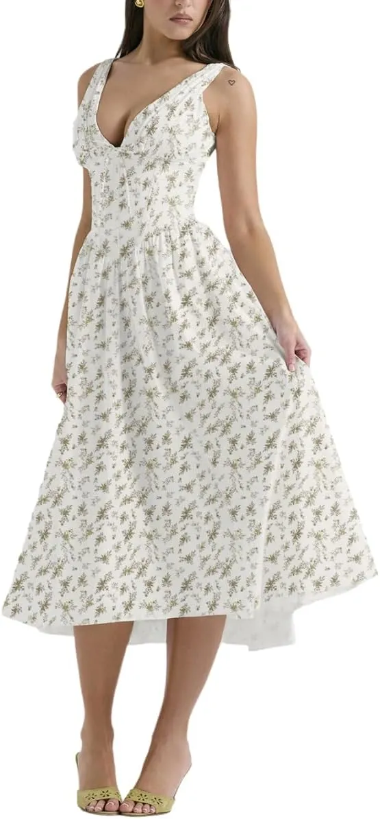 Eternatastic Women's V-Neck Sleeveless Floral Midi Dress for Wedding Party Ladies Beach Sundress with Pockets