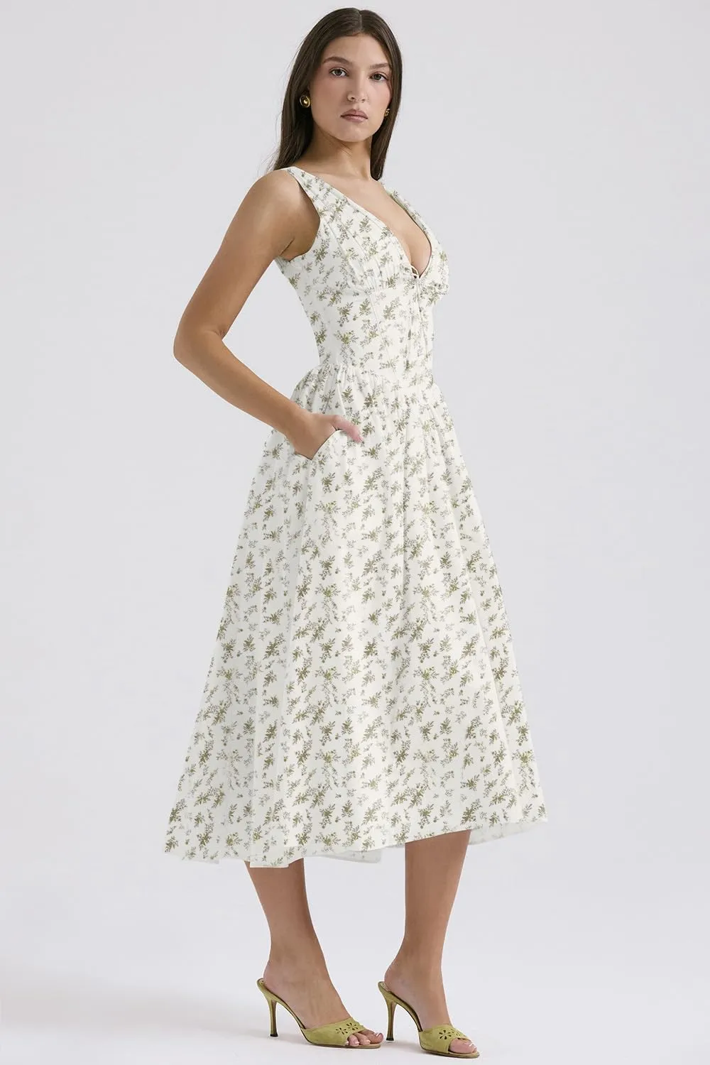 Eternatastic Women's V-Neck Sleeveless Floral Midi Dress for Wedding Party Ladies Beach Sundress with Pockets