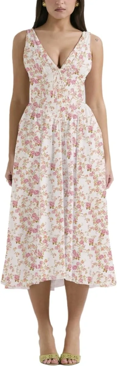 Eternatastic Women's V-Neck Sleeveless Floral Midi Dress for Wedding Party Ladies Beach Sundress with Pockets