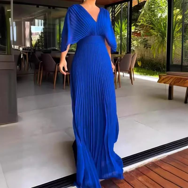 Evening Maxi Dresses for Women 2024 Batwing Sleeve V Neck High Waist Pleated Long Sundress Flowy Formal Dress