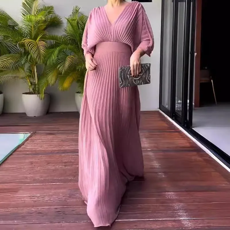 Evening Maxi Dresses for Women 2024 Batwing Sleeve V Neck High Waist Pleated Long Sundress Flowy Formal Dress