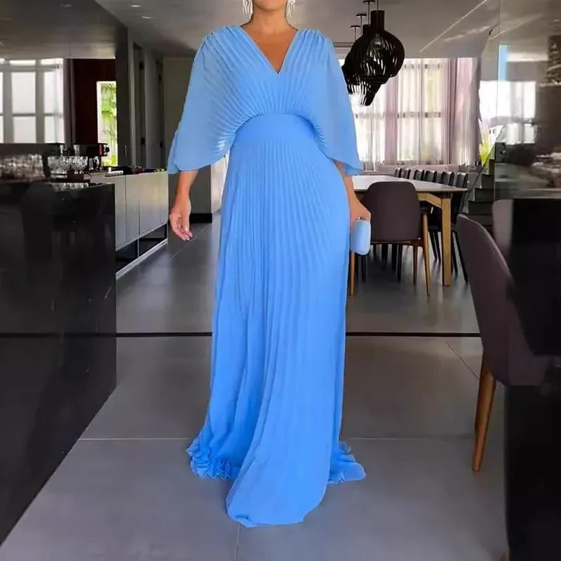 Evening Maxi Dresses for Women 2024 Batwing Sleeve V Neck High Waist Pleated Long Sundress Flowy Formal Dress
