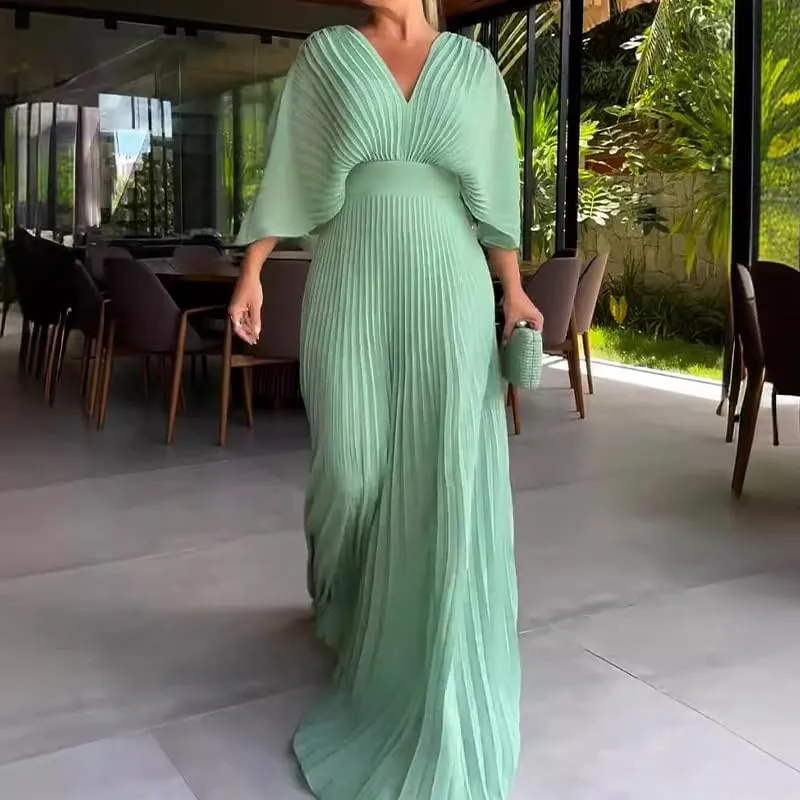 Evening Maxi Dresses for Women 2024 Batwing Sleeve V Neck High Waist Pleated Long Sundress Flowy Formal Dress