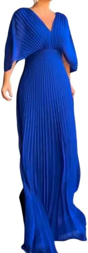 Evening Maxi Dresses for Women 2024 Batwing Sleeve V Neck High Waist Pleated Long Sundress Flowy Formal Dress