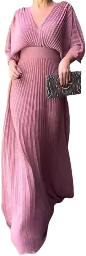 Evening Maxi Dresses for Women 2024 Batwing Sleeve V Neck High Waist Pleated Long Sundress Flowy Formal Dress