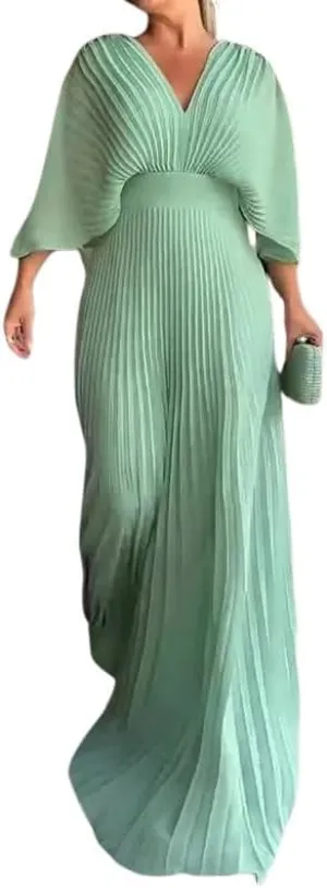 Evening Maxi Dresses for Women 2024 Batwing Sleeve V Neck High Waist Pleated Long Sundress Flowy Formal Dress