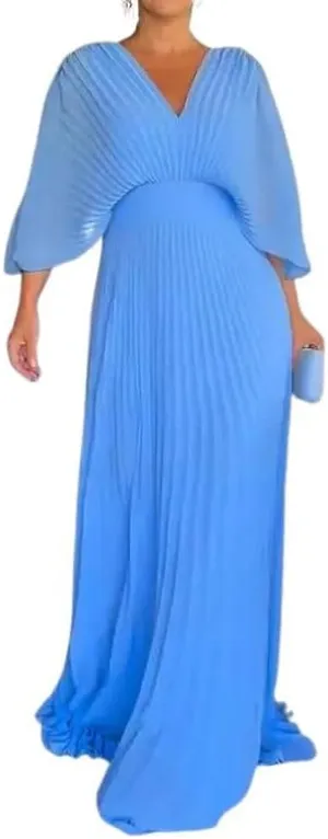 Evening Maxi Dresses for Women 2024 Batwing Sleeve V Neck High Waist Pleated Long Sundress Flowy Formal Dress