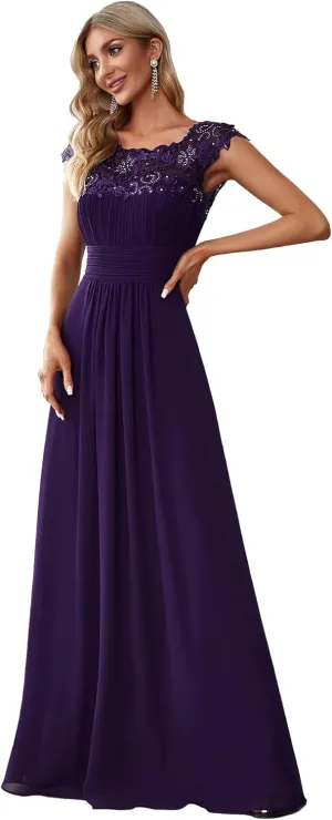 Ever-Pretty Women's Cap Sleeve Ruched Lace Round Neck Chiffon Formal Evening Gowns 09993-US