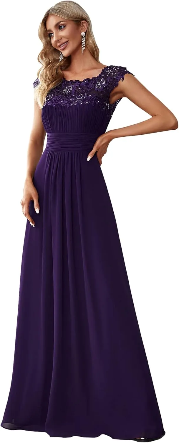 Ever-Pretty Women's Cap Sleeve Ruched Lace Round Neck Chiffon Formal Evening Gowns 09993-US