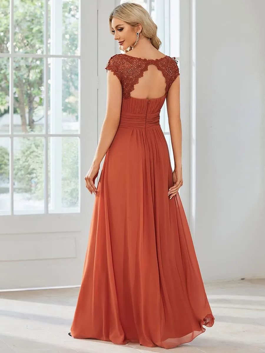 Ever-Pretty Women's Cap Sleeve Ruched Lace Round Neck Chiffon Formal Evening Gowns 09993-US