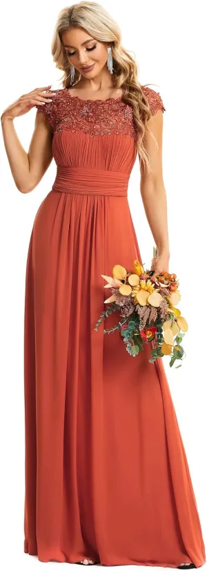 Ever-Pretty Women's Cap Sleeve Ruched Lace Round Neck Chiffon Formal Evening Gowns 09993-US
