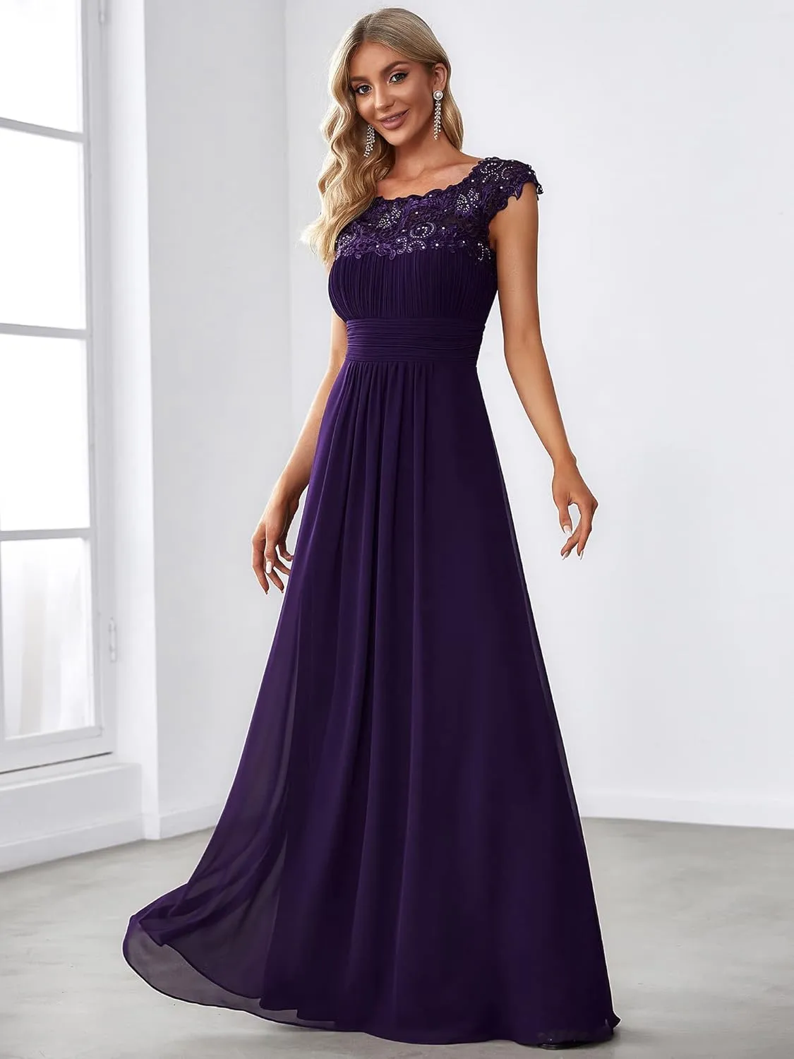 Ever-Pretty Women's Cap Sleeve Ruched Lace Round Neck Chiffon Formal Evening Gowns 09993-US