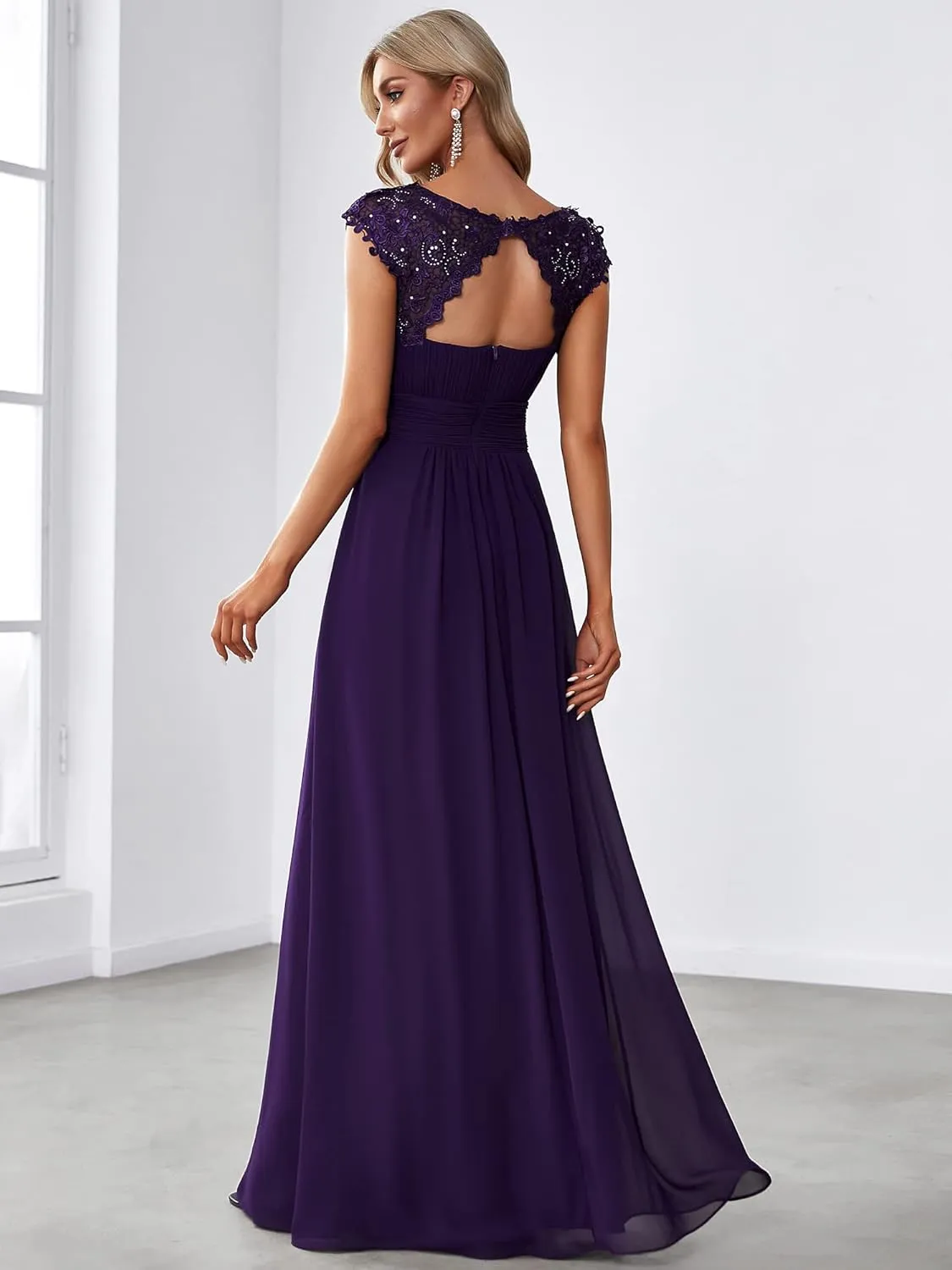 Ever-Pretty Women's Cap Sleeve Ruched Lace Round Neck Chiffon Formal Evening Gowns 09993-US