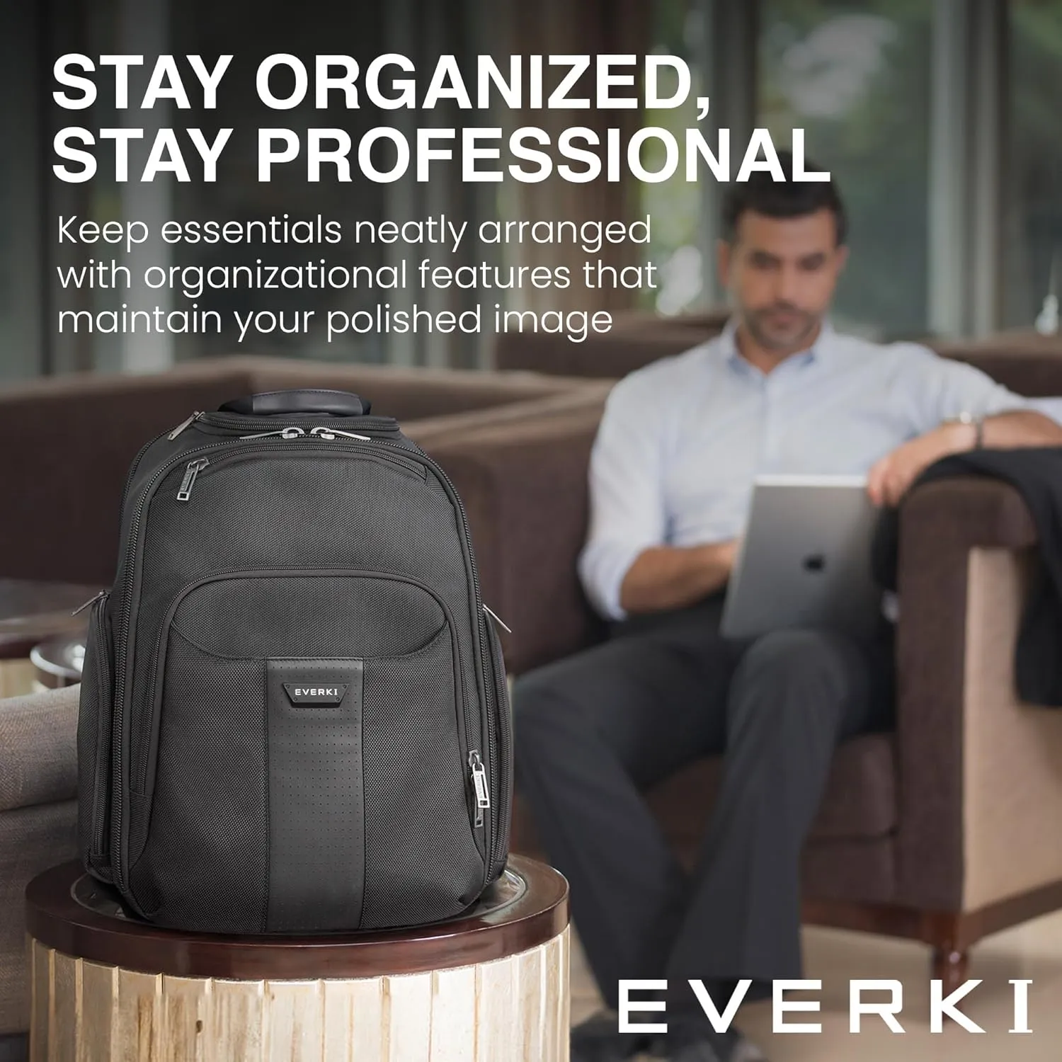EVERKI Versa 2 Premium Business Laptop Backpack - Women's or Men's Backpack for Work with 14.1" - 15" Adjustable Compartment, 21.5L Capacity, Travel Friendly Ballistic Nylon Back Pack (EKP127B), Black
