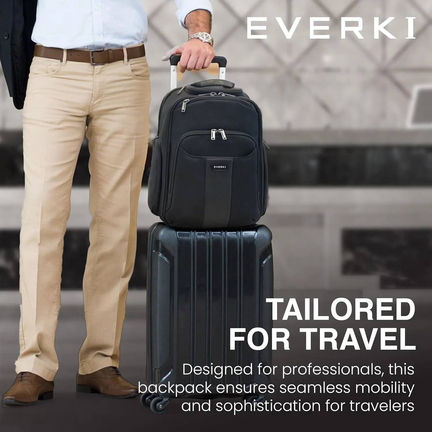 EVERKI Versa 2 Premium Business Laptop Backpack - Women's or Men's Backpack for Work with 14.1" - 15" Adjustable Compartment, 21.5L Capacity, Travel Friendly Ballistic Nylon Back Pack (EKP127B), Black