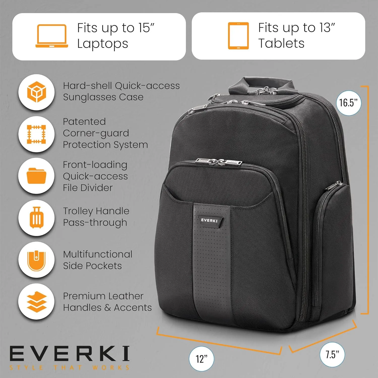 EVERKI Versa 2 Premium Business Laptop Backpack - Women's or Men's Backpack for Work with 14.1" - 15" Adjustable Compartment, 21.5L Capacity, Travel Friendly Ballistic Nylon Back Pack (EKP127B), Black
