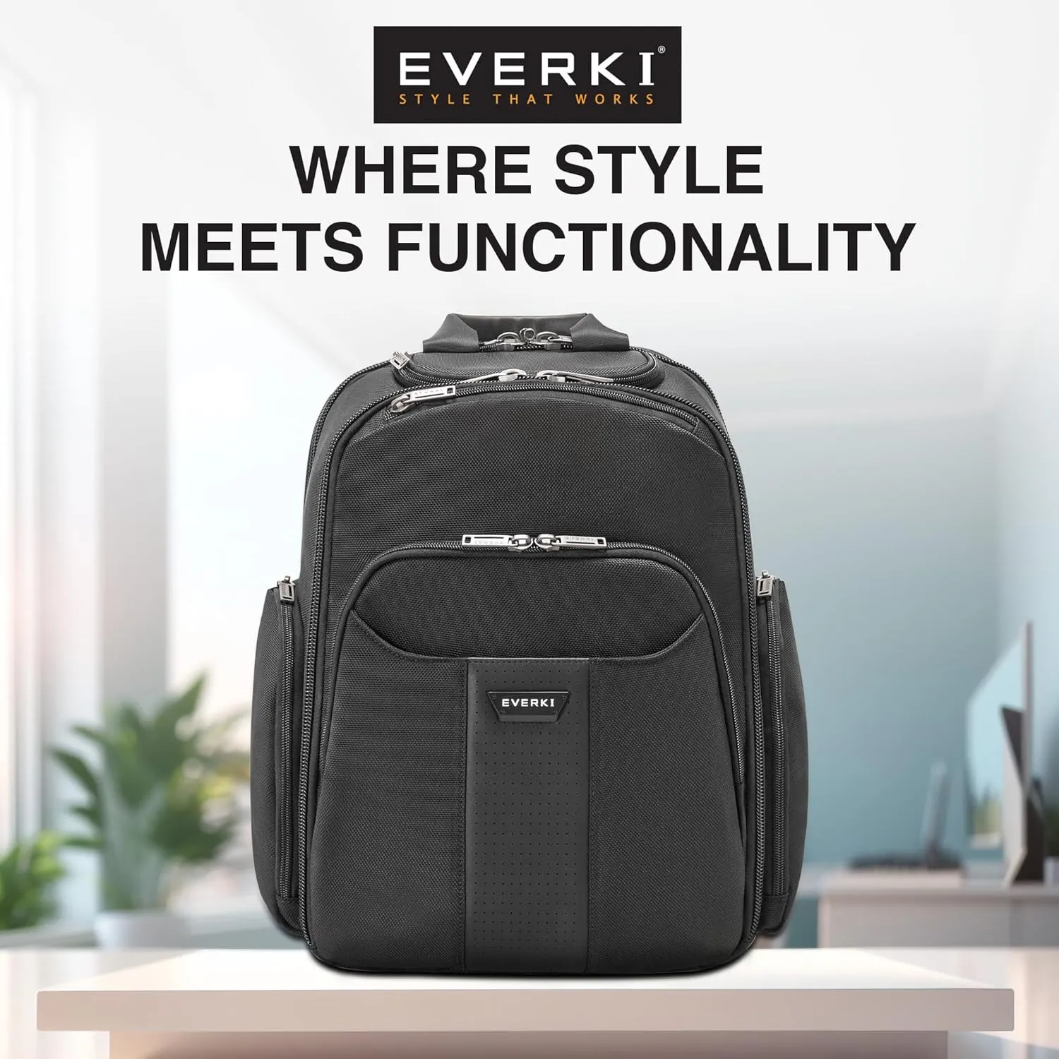 EVERKI Versa 2 Premium Business Laptop Backpack - Women's or Men's Backpack for Work with 14.1" - 15" Adjustable Compartment, 21.5L Capacity, Travel Friendly Ballistic Nylon Back Pack (EKP127B), Black