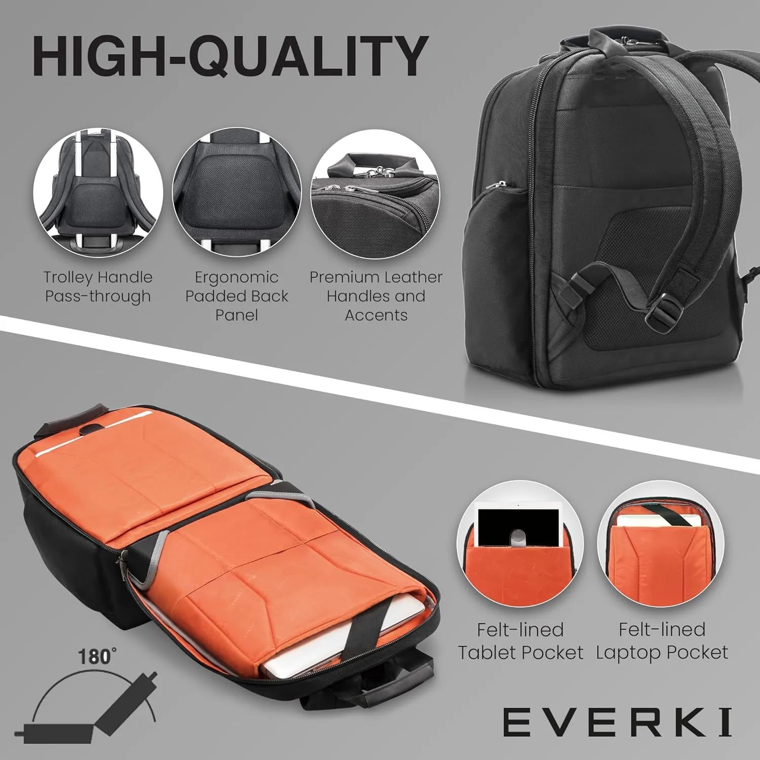 EVERKI Versa 2 Premium Business Laptop Backpack - Women's or Men's Backpack for Work with 14.1" - 15" Adjustable Compartment, 21.5L Capacity, Travel Friendly Ballistic Nylon Back Pack (EKP127B), Black